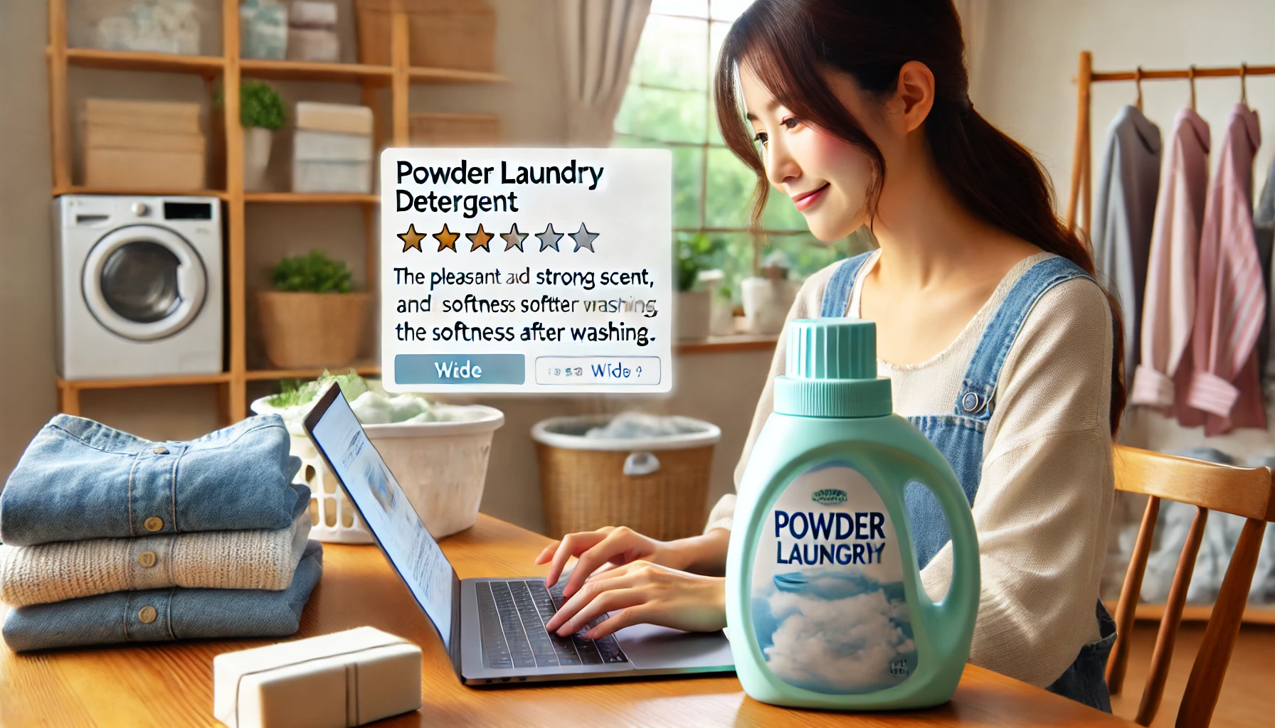 A positive review being written about a powder laundry detergent on a Japanese website. The review highlights the pleasant and strong scent, as well as the softness after washing. The scene shows a laptop or mobile device with the review open, and a powder laundry detergent box next to it. The background has a clean and cozy home setting, with folded clothes and laundry equipment in the room. The image is wide (16:9).