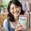 A Japanese person smiling happily in their laundry room, holding a box of powder laundry detergent. The box has flower designs and represents a soft, pleasant scent. The background shows a neat and clean laundry room with fresh clothes folded on the counter. The person looks satisfied with the product, showcasing joy from using it. The image is wide (16:9).