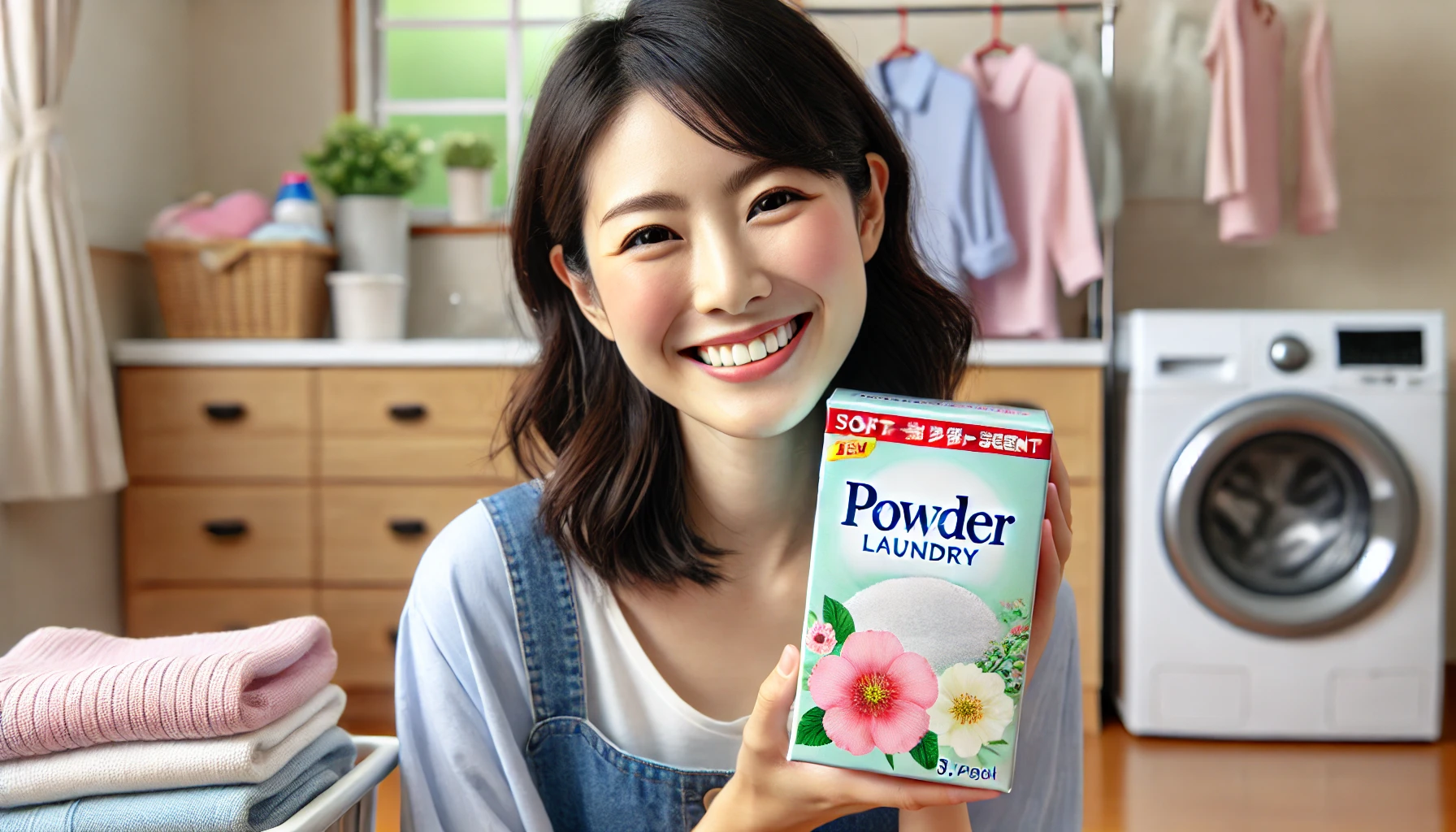 A Japanese person smiling happily in their laundry room, holding a box of powder laundry detergent. The box has flower designs and represents a soft, pleasant scent. The background shows a neat and clean laundry room with fresh clothes folded on the counter. The person looks satisfied with the product, showcasing joy from using it. The image is wide (16:9).