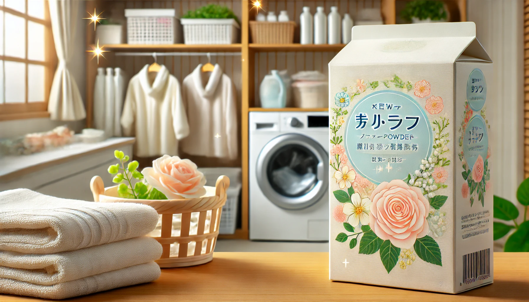 A close-up view of a Japanese household product, a box of powder laundry detergent. The box is designed in a light color, with flowers and soft imagery to represent its pleasant scent. The background shows a neatly arranged laundry room, with folded towels and a washing machine in the background. The scene gives a sense of freshness and cleanliness, emphasizing the softness of the fabric. The image is wide (16:9).