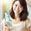 A happy Japanese person holding a bottle of gel-like mineral water with a smile, looking satisfied after purchasing it. The setting is in a bright, modern environment, showing a sense of joy and satisfaction after obtaining the product.