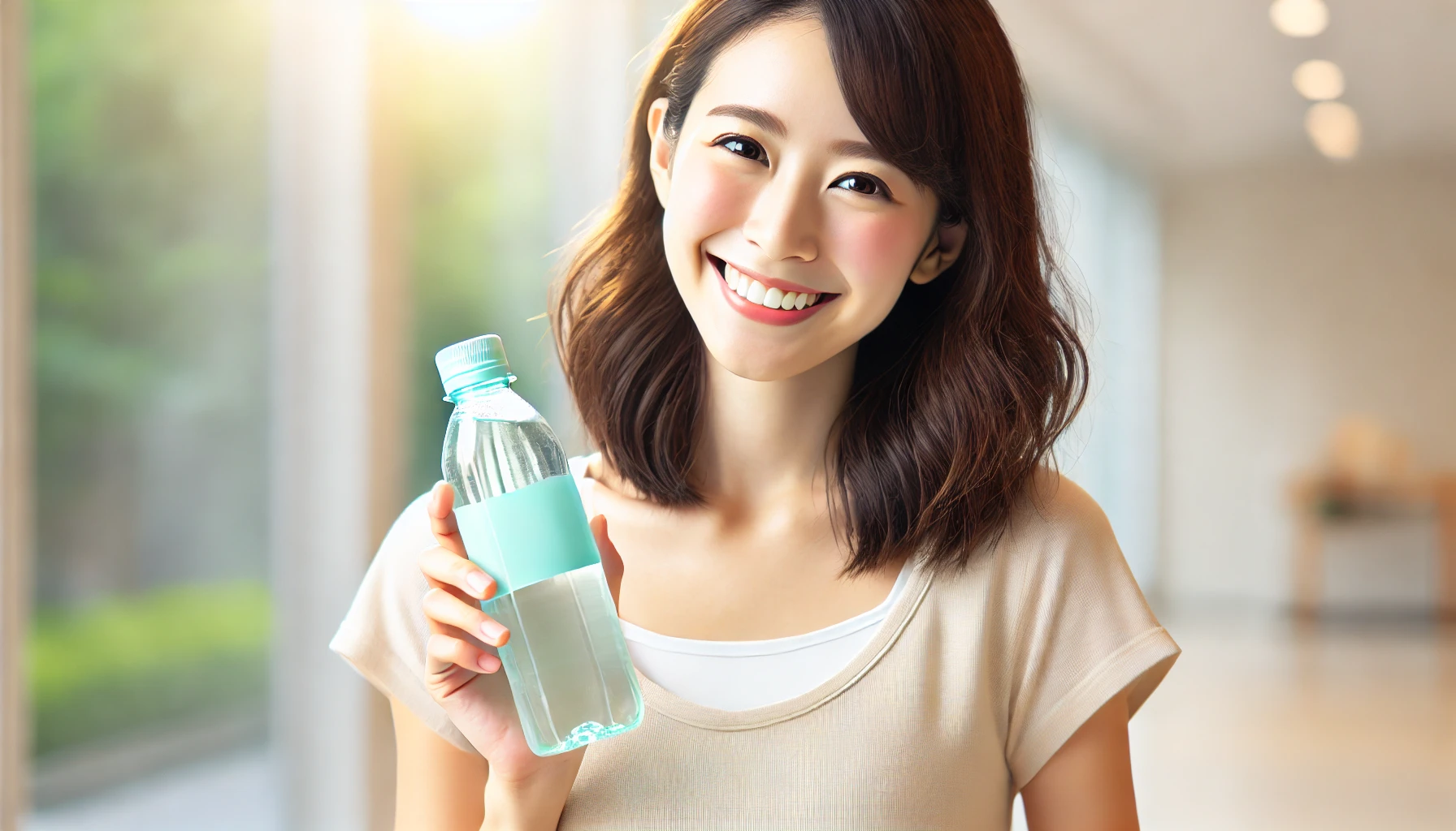 A happy Japanese person holding a bottle of gel-like mineral water with a smile, looking satisfied after purchasing it. The setting is in a bright, modern environment, showing a sense of joy and satisfaction after obtaining the product.