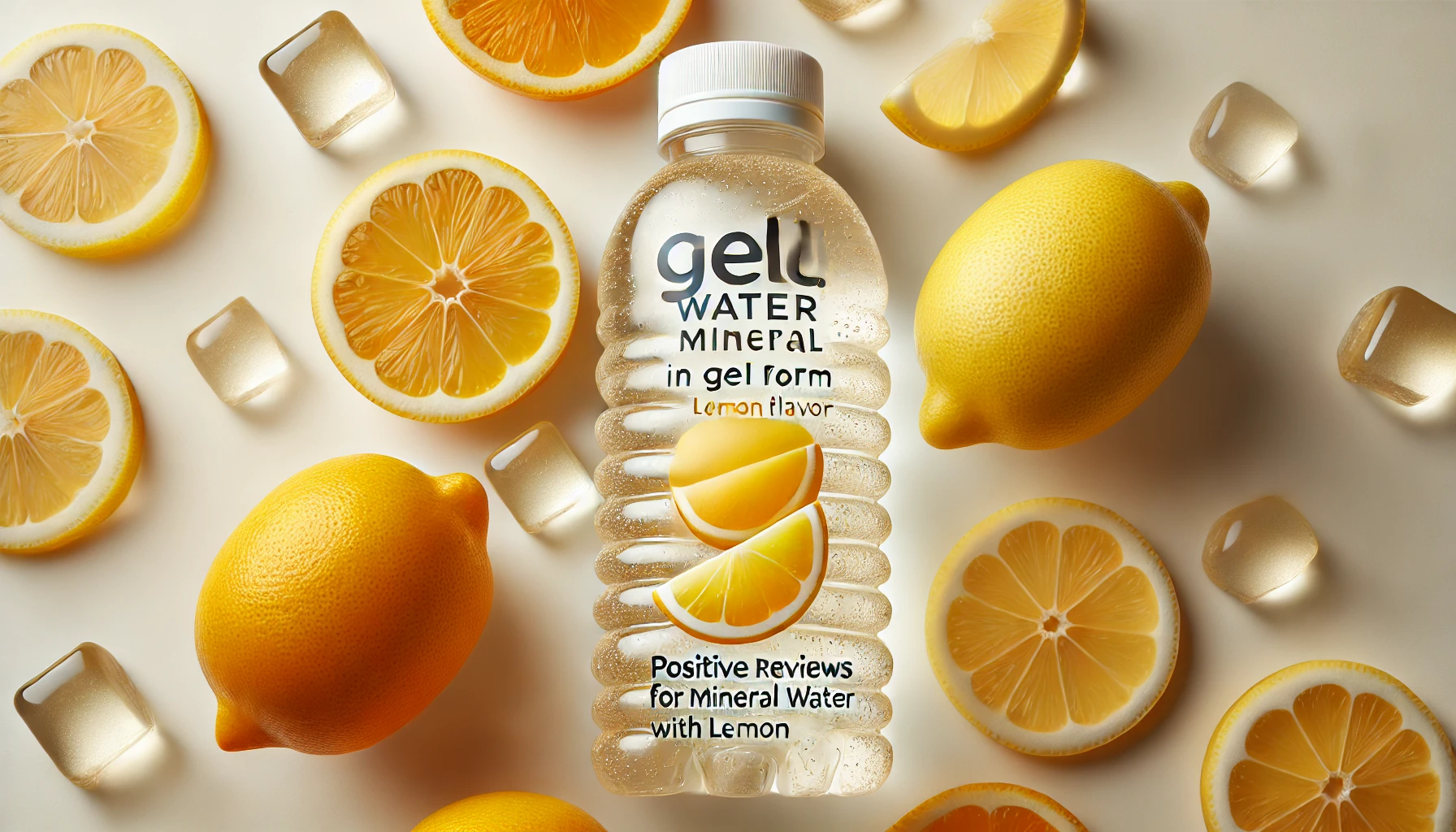 A close-up of a refreshing bottle of mineral water in gel form with lemon flavor, surrounded by citrus fruits like lemons. The bottle is on a light background, and the image emphasizes the positive reviews for its zesty, refreshing taste.