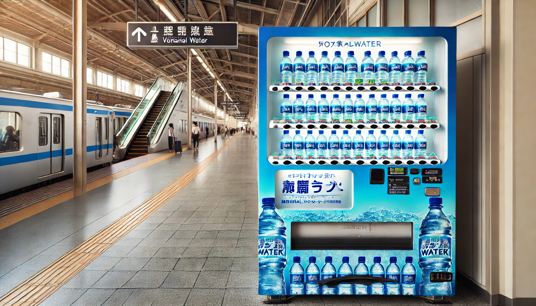 A clean, modern Japanese train station with a vending machine selling bottled mineral water in a gel-like form. The vending machine has a bright display with cold, refreshing bottles, and the train station background shows passengers walking past.