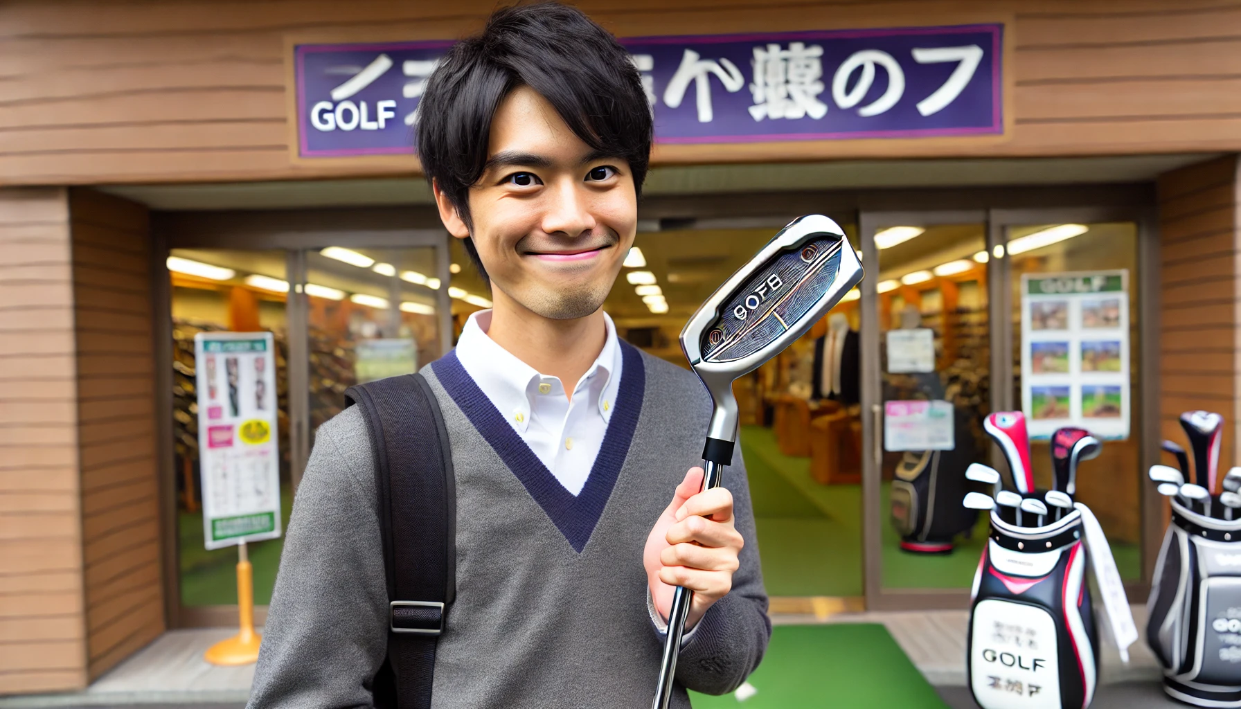 A Japanese golfer holding a golf putter with a triangular hosel design, looking pleased after a purchase. The golfer is standing outside a golf shop, smiling and holding the putter proudly. The background shows the entrance of the shop with some golf-related signage, and the atmosphere suggests a successful and satisfying purchase experience.