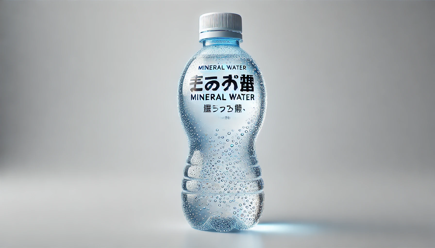 A sleek, transparent plastic bottle filled with mineral water turned into a gel-like consistency, labeled in Japanese. The bottle is on a clean white background with condensation to show it’s cold, highlighting the refreshing nature of the product.