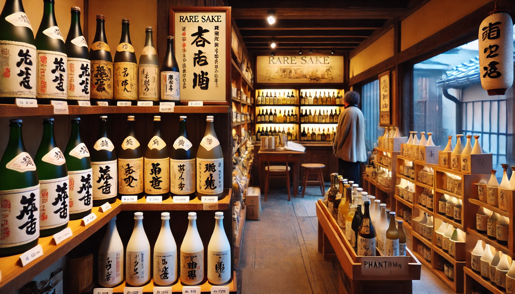 A small sake shop in Japan selling rare sake with plain, unadorned labels. The shop has a traditional feel with wooden shelves displaying different bottles, but the main focus is a few bottles of the prized 'phantom' sake from a small brewery in Toyama. The shop interior is warm and rustic, with soft lighting, and there are a few customers casually browsing the selection of rare and unique sake bottles.