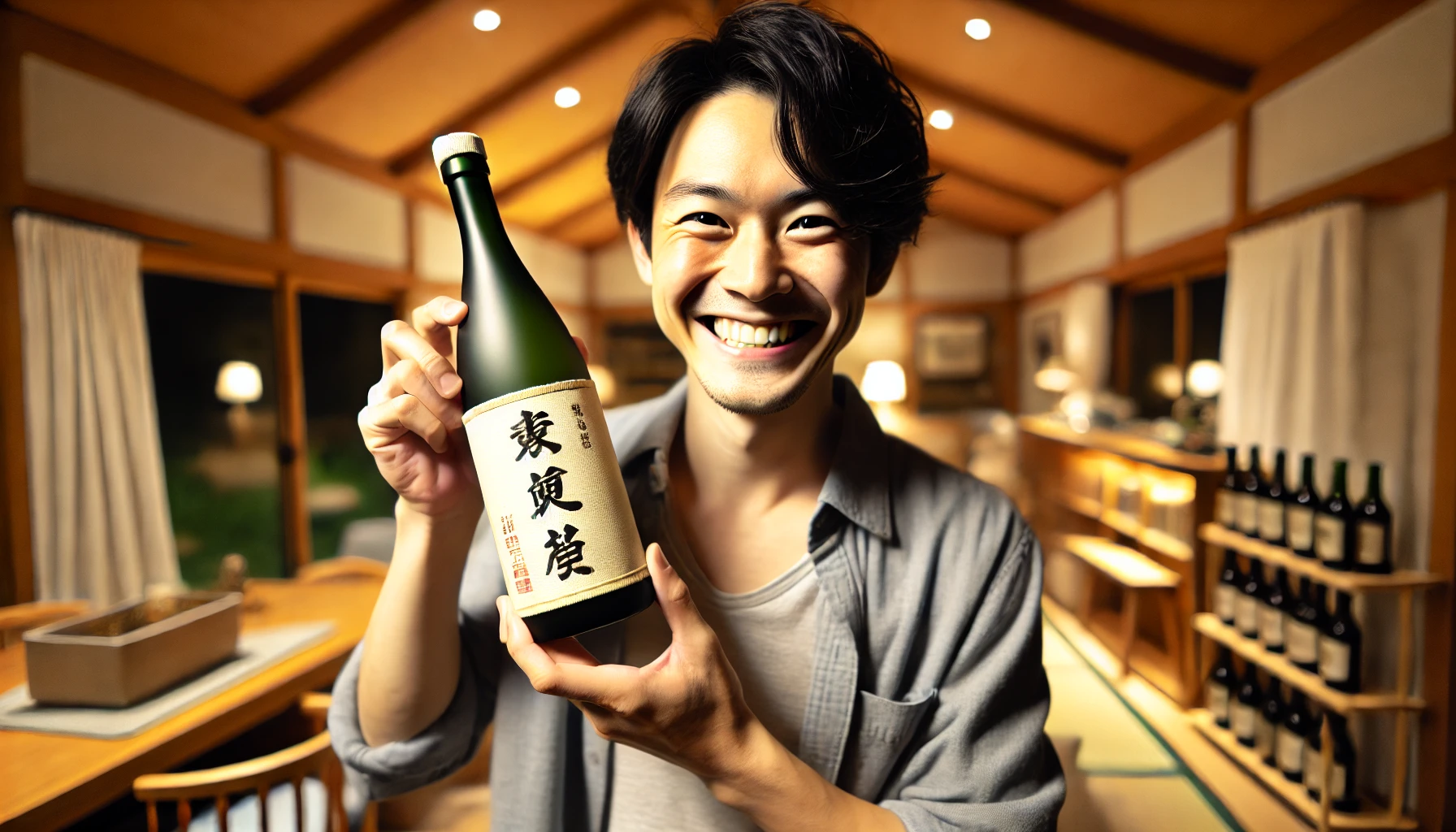 A cheerful person holding a plain-labeled, rare sake bottle from a small brewery in Toyama, Japan, smiling with satisfaction. The background shows a cozy indoor setting, possibly a living room, with soft lighting and wooden accents. The person is casually dressed and appears to be celebrating with the rare sake. Their happiness and excitement are evident as they admire the prized 'phantom' sake they finally acquired.