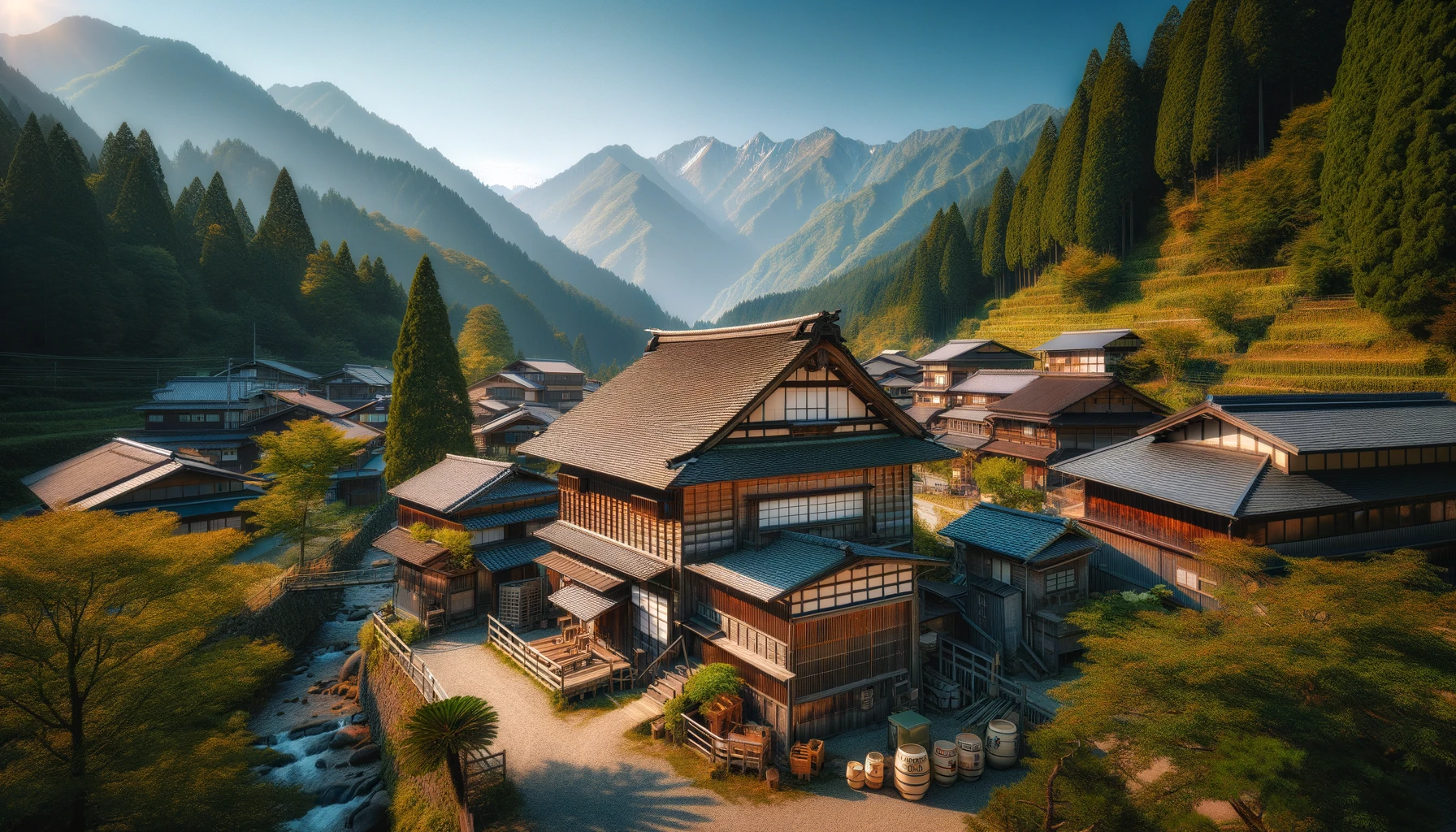 A small traditional Japanese sake brewery in a scenic area of Toyama, with the brewery surrounded by nature and mountains. The image shows an old, rustic building with wooden beams and traditional architecture. Clear blue skies and the natural beauty of the area are evident, with the brewery nestled in this peaceful environment.