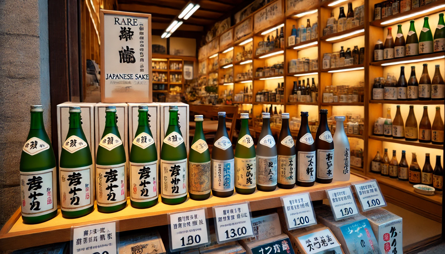 A store shelf in Japan displaying bottles of a rare Japanese sake from a small Toyama brewery. The shelf is neatly arranged with sake bottles, and the store has a traditional yet modern atmosphere. Signs in Japanese indicate limited availability of this exclusive sake.