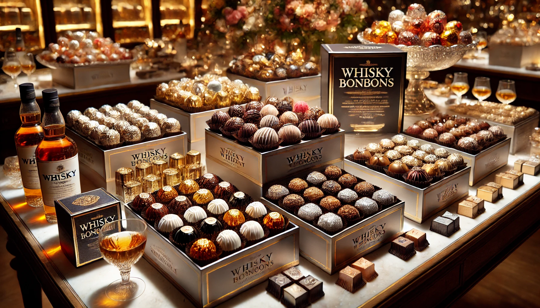 A display of various types of whisky bonbons in elegant packaging, arranged on a table. The bonbons are wrapped in shiny wrappers, with a variety of shapes such as round, square, and heart-shaped. The table is beautifully set with decorations, creating a luxurious and sophisticated atmosphere.