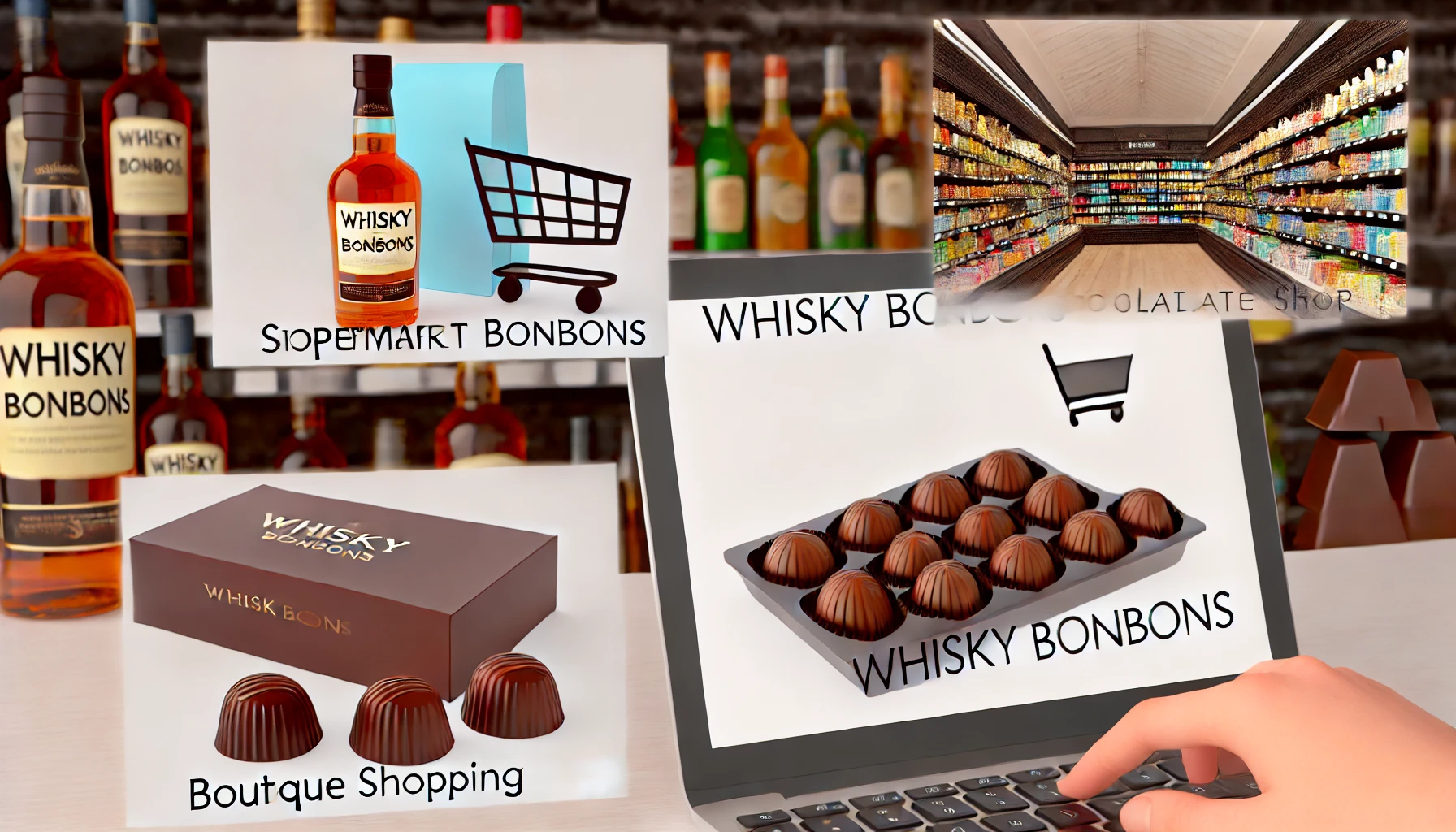 A scene showing various locations where whisky bonbons are sold, including a supermarket shelf, a boutique chocolate shop, and an online shopping screen on a laptop. Each location is represented clearly in a visual collage style, highlighting the different places where people can buy whisky bonbons.