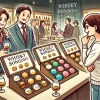 A scene showing people looking at various whisky bonbons on display, representing a variety of types. They are deciding on which bonbon to buy, excited and interested. The setting is a store with a luxurious feel, with Japanese individuals browsing and comparing the options on the shelves.