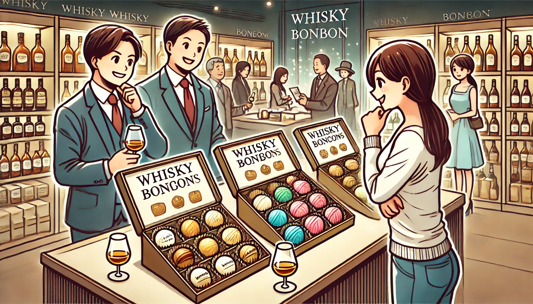 A scene showing people looking at various whisky bonbons on display, representing a variety of types. They are deciding on which bonbon to buy, excited and interested. The setting is a store with a luxurious feel, with Japanese individuals browsing and comparing the options on the shelves.