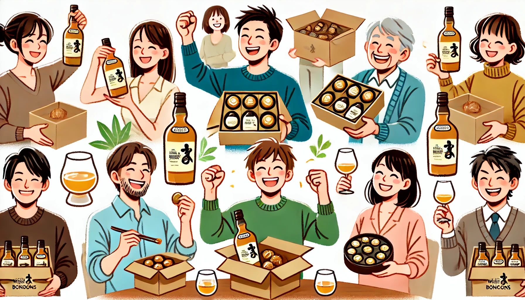 A scene showing people happily holding various types of whisky bonbons, with joyful expressions. The people are Japanese, celebrating or smiling as they enjoy their purchase. They are at home, unwrapping and enjoying the whisky bonbons, creating a warm and satisfying atmosphere.