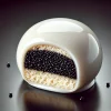 A glossy, white chocolate-coated confection made of sponge cake filled with black sesame paste. The candy is glistening with light reflections, highlighting its smooth, shiny surface.