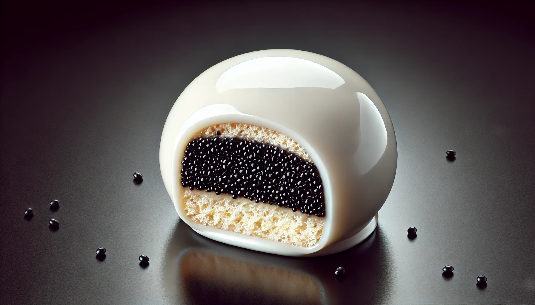 A glossy, white chocolate-coated confection made of sponge cake filled with black sesame paste. The candy is glistening with light reflections, highlighting its smooth, shiny surface.