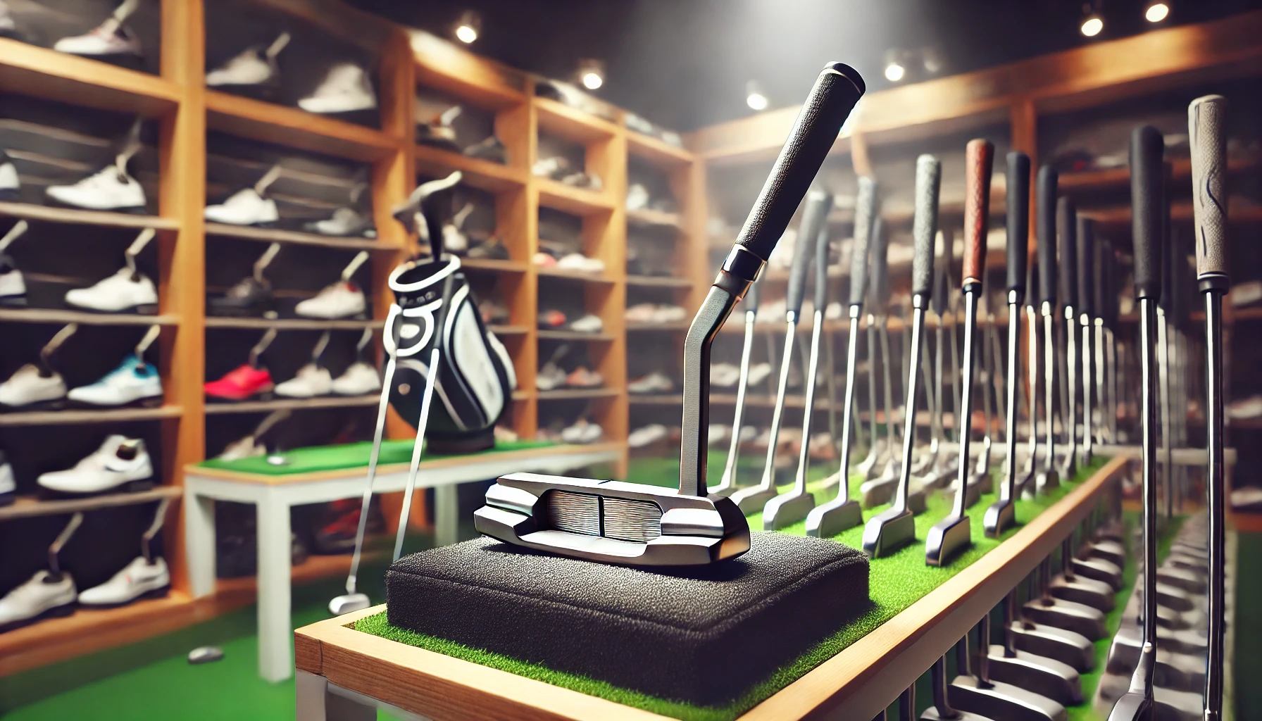 A golf shop showcasing a display of golf putters, with a particular emphasis on one featuring a unique triangular hosel design. The scene shows a variety of putters lined up on a rack, but the triangular hosel putter is highlighted, perhaps with a spotlight or in a prime location. The background includes shelves with golf accessories, creating a typical golf shop ambiance.