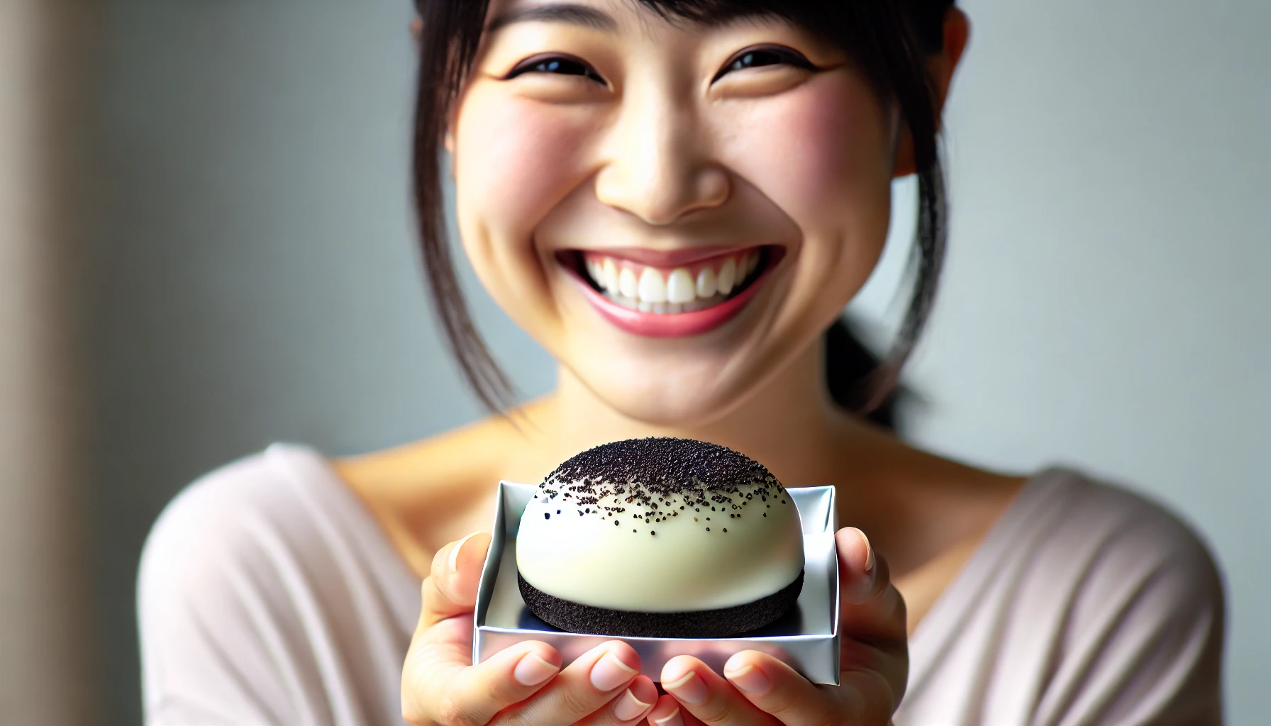 A joyful Japanese person holding a shiny white chocolate-coated confection, wrapped in sponge cake and filled with black sesame paste. The person is smiling and enjoying the moment, with the light beautifully reflecting off the surface of the confection, creating a sense of satisfaction and delight.