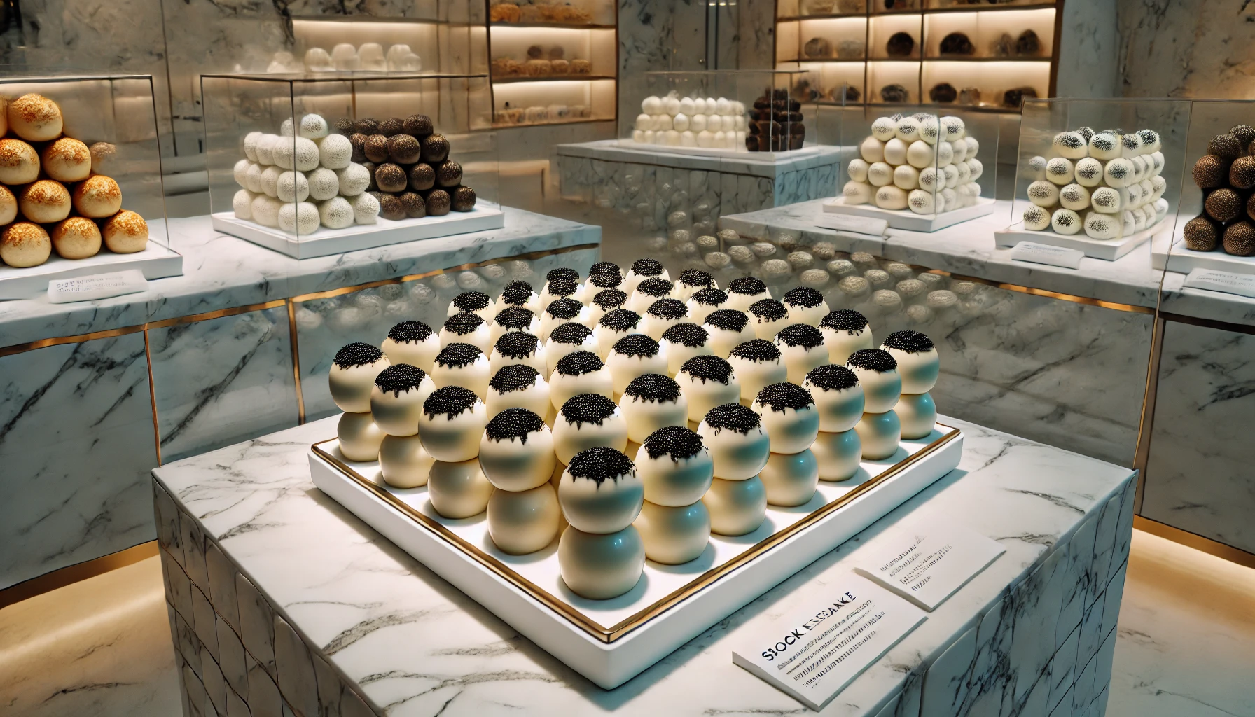 A store shelf or display selling confections wrapped in sponge cake, filled with black sesame paste, and coated in glossy white chocolate. The setting has a clean and modern look, and the confections are neatly arranged with light reflecting off their surfaces.