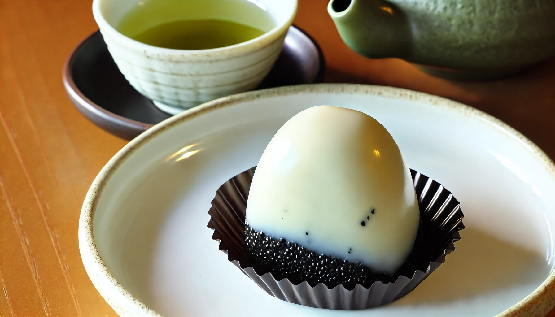 A delicate confection made of black sesame paste and black sesame bean paste wrapped in castella cake batter, coated with white chocolate. The dessert sits elegantly on a plate, with a smooth white chocolate glaze shining under soft lighting, alongside a small cup of green tea on a wooden table.