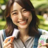 A Japanese person smiling happily while holding a small rectangular soft gummy candy with a white, chewy texture similar to Hi-Chew, lightly sprinkled with fine white powder. They are standing outdoors in a park, enjoying the candy with greenery in the background. The person is dressed casually and is holding the open package in one hand, revealing the various flavors like strawberry and lemon. The scene captures a moment of joy and satisfaction as they savor the candy.