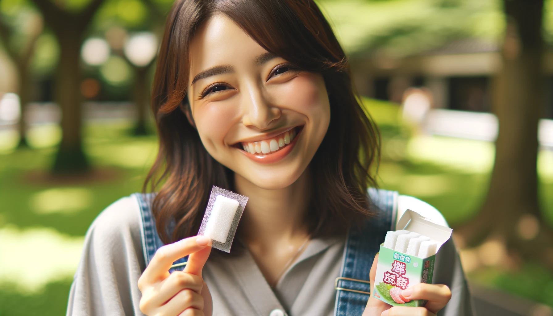 A Japanese person smiling happily while holding a small rectangular soft gummy candy with a white, chewy texture similar to Hi-Chew, lightly sprinkled with fine white powder. They are standing outdoors in a park, enjoying the candy with greenery in the background. The person is dressed casually and is holding the open package in one hand, revealing the various flavors like strawberry and lemon. The scene captures a moment of joy and satisfaction as they savor the candy.