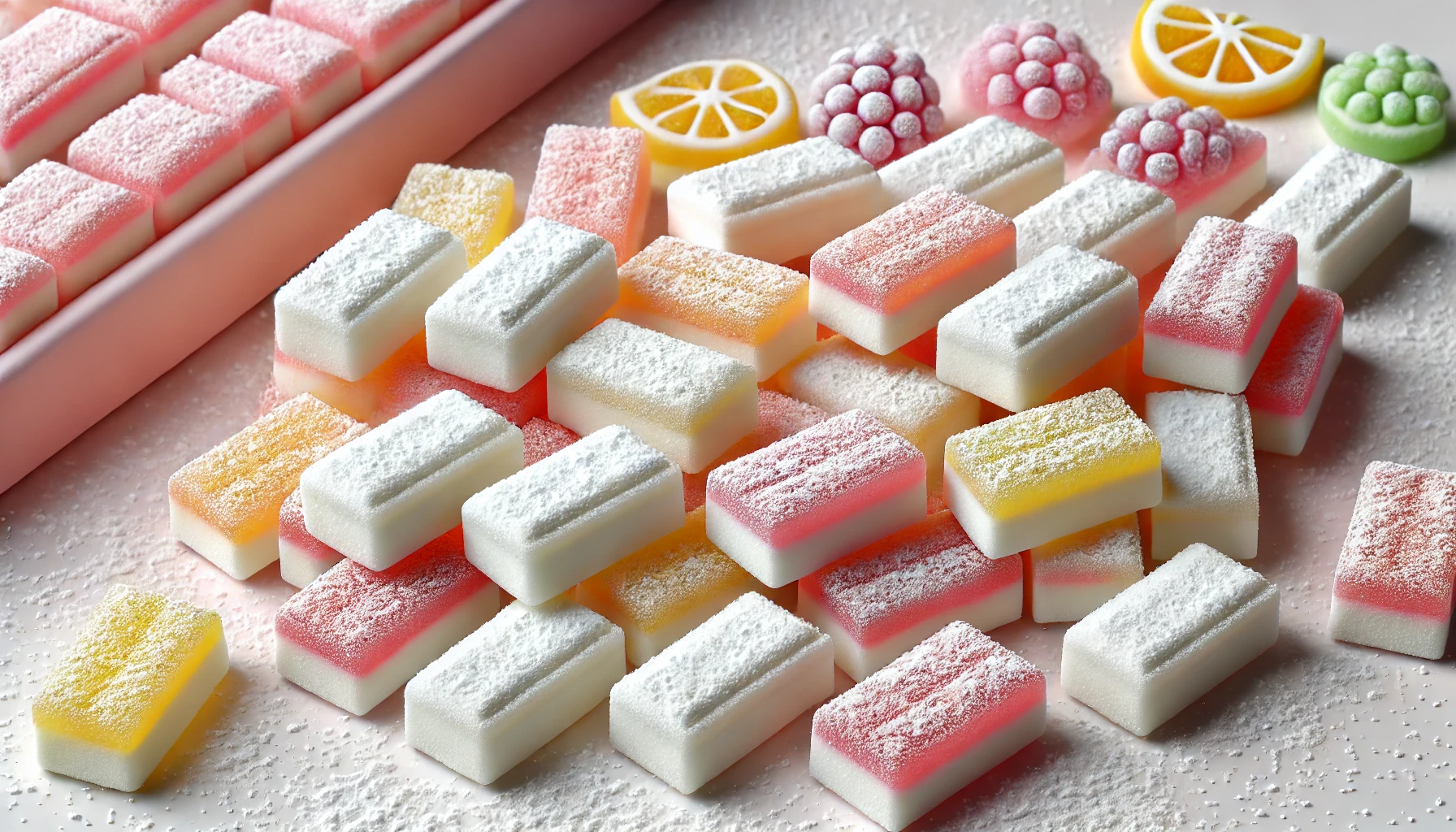 A variety of small rectangular soft gummy candies with a white, chewy texture similar to Hi-Chew, lightly sprinkled with fine white powder. The gummies come in various fruit flavors like strawberry, lemon, and grape, with pastel-colored hues on the white base. The powder on top adds a frosted appearance, and the gummies are neatly arranged on a simple background, showcasing the soft yet chewy texture and powdery coating.