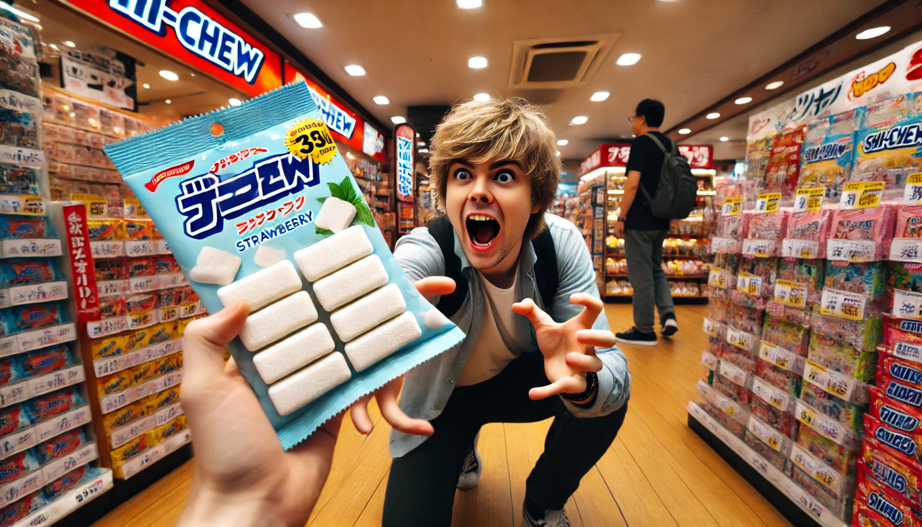 A person in Japan eagerly reaching out to grab a package of small rectangular soft gummy candies with a white, chewy texture similar to Hi-Chew, lightly sprinkled with white powder. The background shows the inside of a brightly lit store with other candy displays. The person has an excited expression and is casually dressed, stretching towards the gummies. The packaging shows various flavors like strawberry and lemon, and the scene captures the anticipation of obtaining the gummies.