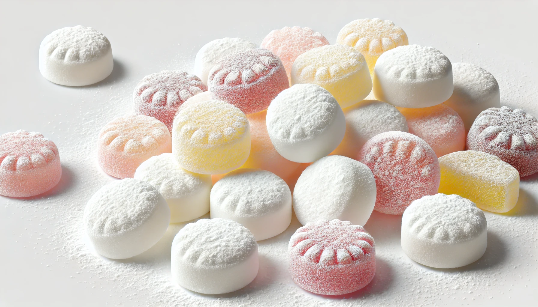 A variety of soft gummy candies with a white, chewy texture similar to Hi-Chew, sprinkled with fine white powder on the surface. The gummies come in various flavors like strawberry, lemon, and grape, with subtle colors on the white base. The white powder adds a slightly frosted look to the gummies, and they are arranged on a clean, simple background, emphasizing the soft yet chewy texture and the powder coating.