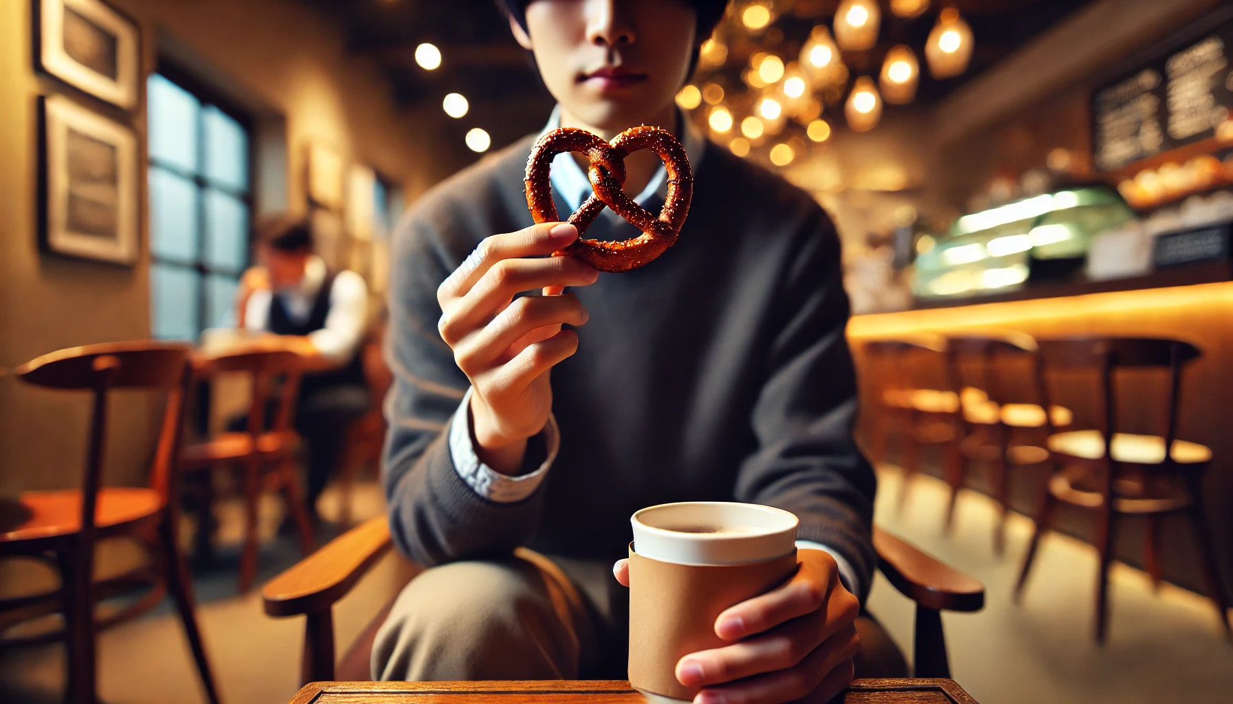 A horizontal image of a person enjoying a crispy pretzel coated in chocolate while sitting at a cozy café table. The focus is on their hand holding the pretzel, about to take a bite. In the background, the café has warm lighting with blurred elements like coffee cups and a soft ambiance. The person appears to be Japanese, dressed casually, and the setting feels comfortable and relaxed.