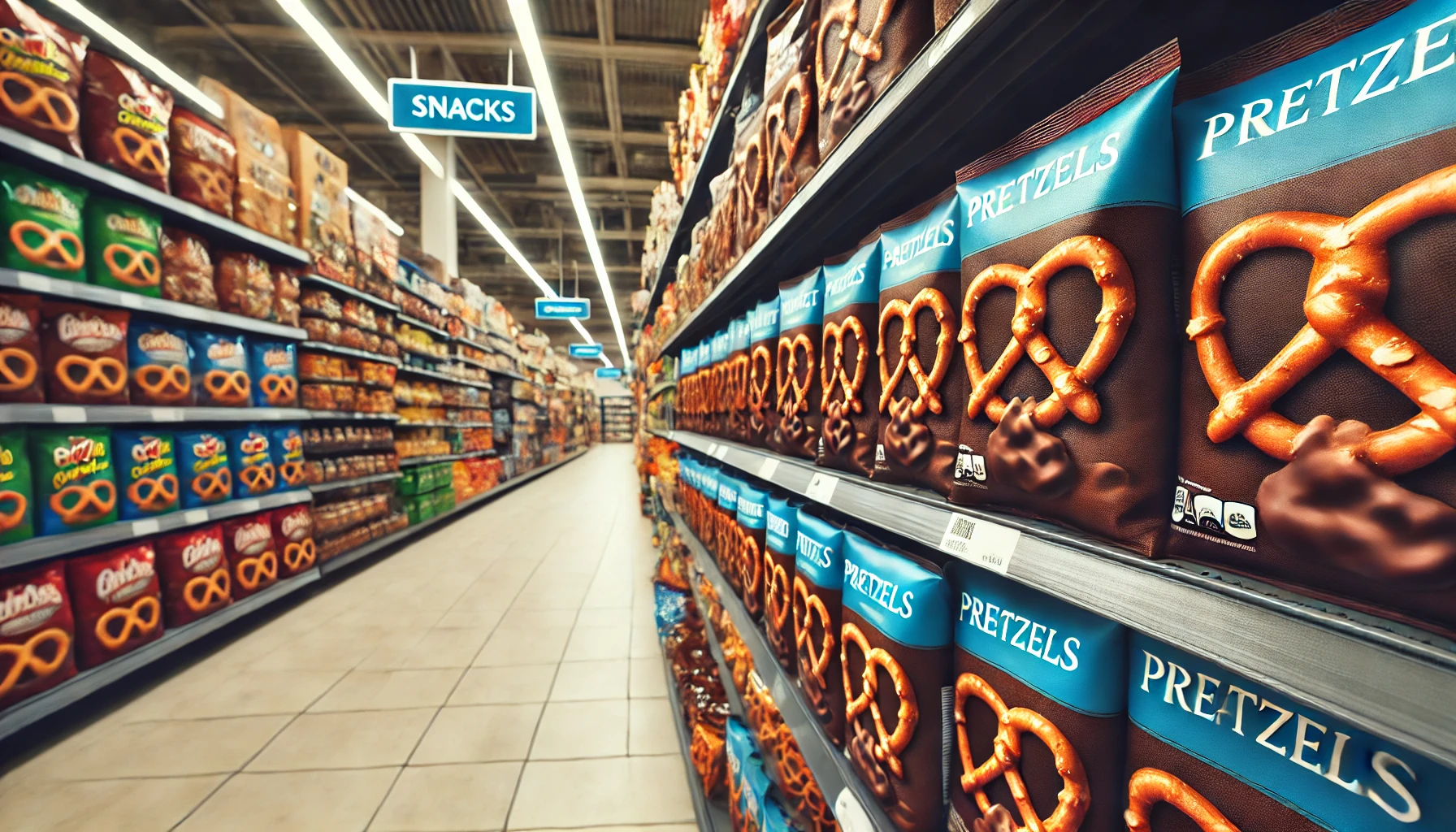 A horizontal image showing a grocery store aisle filled with snacks, focusing on a shelf that prominently displays crispy pretzels coated in chocolate. The pretzel packages are neatly arranged, and the aisle is brightly lit. Other snack items can be seen in the background, creating a busy yet organized retail atmosphere.