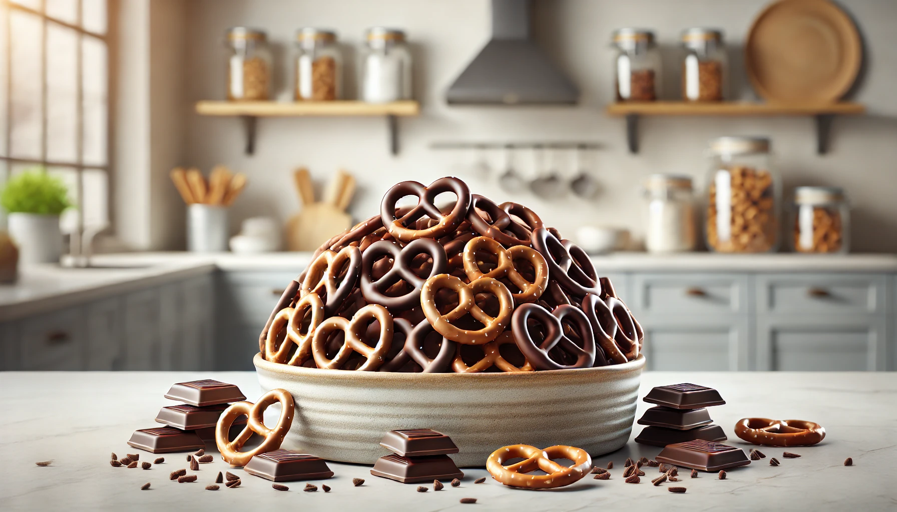 A horizontal image showing a variety of crispy pretzels coated in smooth chocolate, displayed in a modern kitchen. The pretzels are placed neatly on a ceramic plate, surrounded by scattered chocolate pieces, highlighting the snack's popularity. The background includes a light kitchen setting with blurred elements such as a countertop and some jars, creating a contemporary atmosphere.