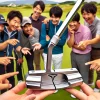 A golf putter featuring a unique triangular hosel design being admired by a group of golfers. The focus remains on the triangular hosel, but now the scene shows multiple Japanese golfers discussing and pointing at the putter with interest and excitement. The setting is outdoors, on a golf course, with the golfers dressed in casual golf attire.