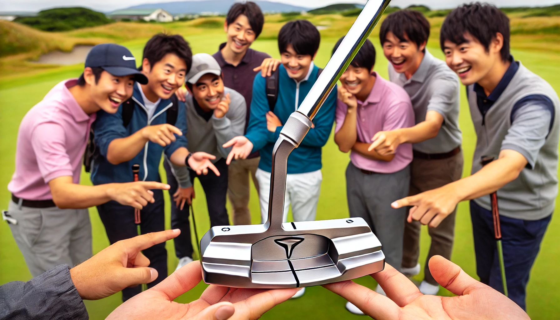 A golf putter featuring a unique triangular hosel design being admired by a group of golfers. The focus remains on the triangular hosel, but now the scene shows multiple Japanese golfers discussing and pointing at the putter with interest and excitement. The setting is outdoors, on a golf course, with the golfers dressed in casual golf attire.