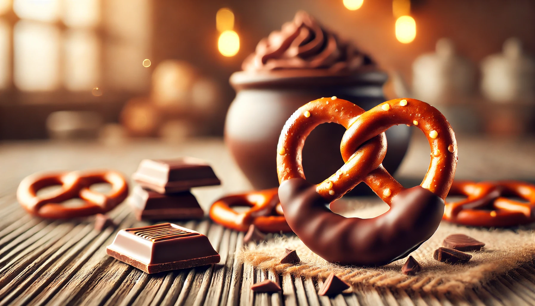 A horizontal image of a delicious snack consisting of a crispy pretzel coated in smooth chocolate, placed on a wooden table. The snack is displayed in a visually appealing manner, with a few pretzels arranged neatly and some chocolate pieces scattered around. The background is blurred, with a warm and cozy atmosphere of a kitchen or cafe.