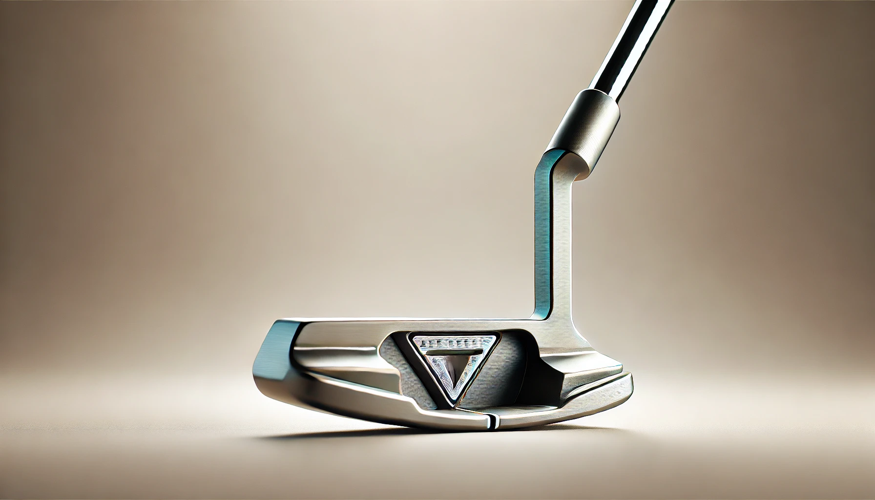 A golf putter featuring a unique triangular hosel design, displayed prominently against a simple, neutral background. The focus is on the hosel's distinctive triangular shape, with the shaft connected to the putter head in a way that highlights this innovative design. The image should be sharp and clear, capturing the putter's sleek, modern appearance.