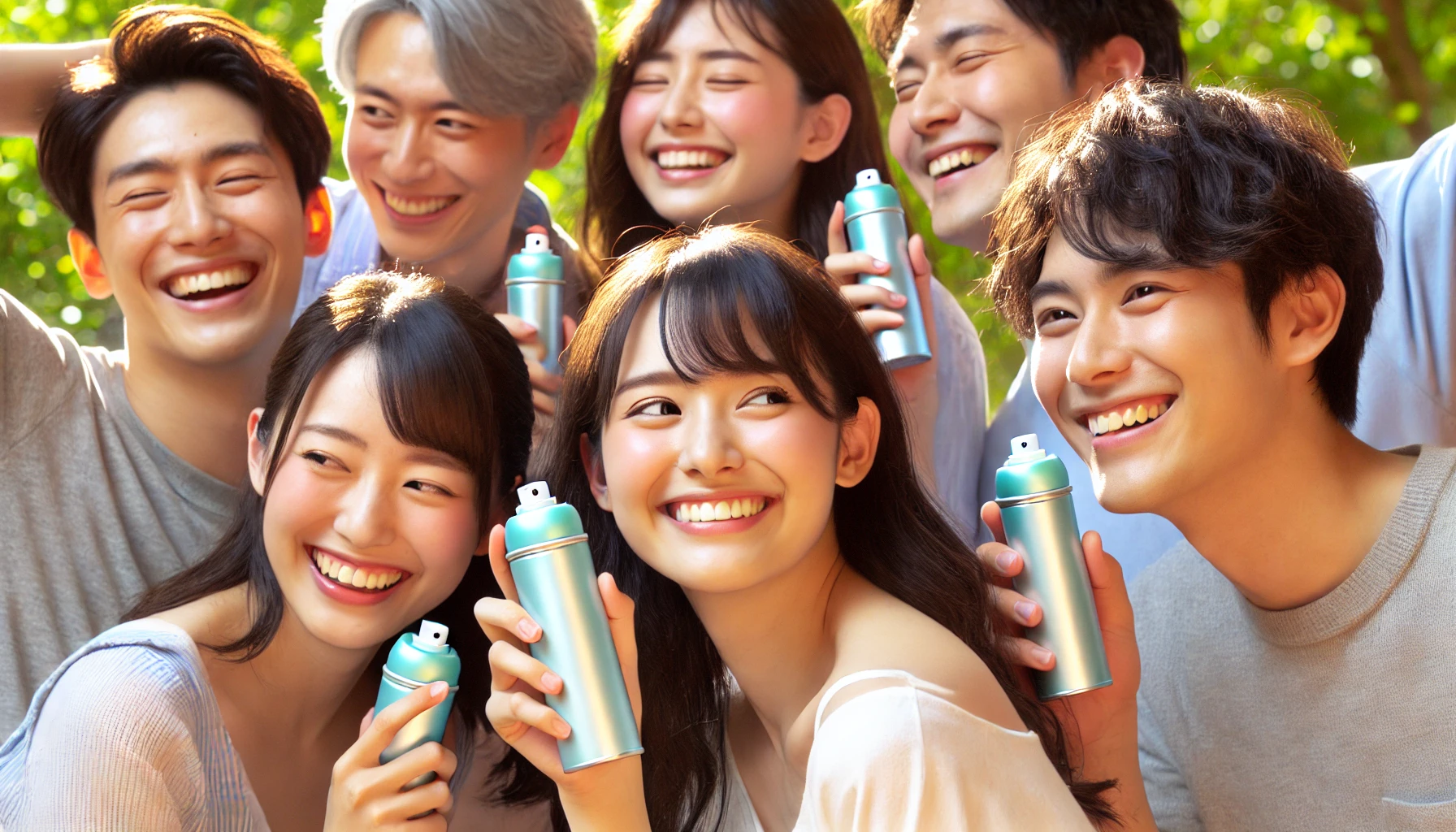 A group of Japanese people feeling refreshed and happy after using an unscented deodorant spray. They are smiling and interacting in a bright, outdoor environment, enjoying the fresh feeling from the deodorant. The deodorant spray cans are visible in the scene.