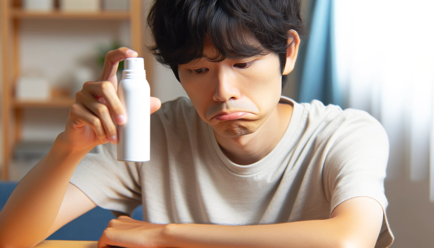 A Japanese person looking sad and disappointed after finding out that their favorite unscented deodorant spray has been discontinued. The person is sitting in a casual indoor environment, holding the spray can and looking at it with a downcast expression.