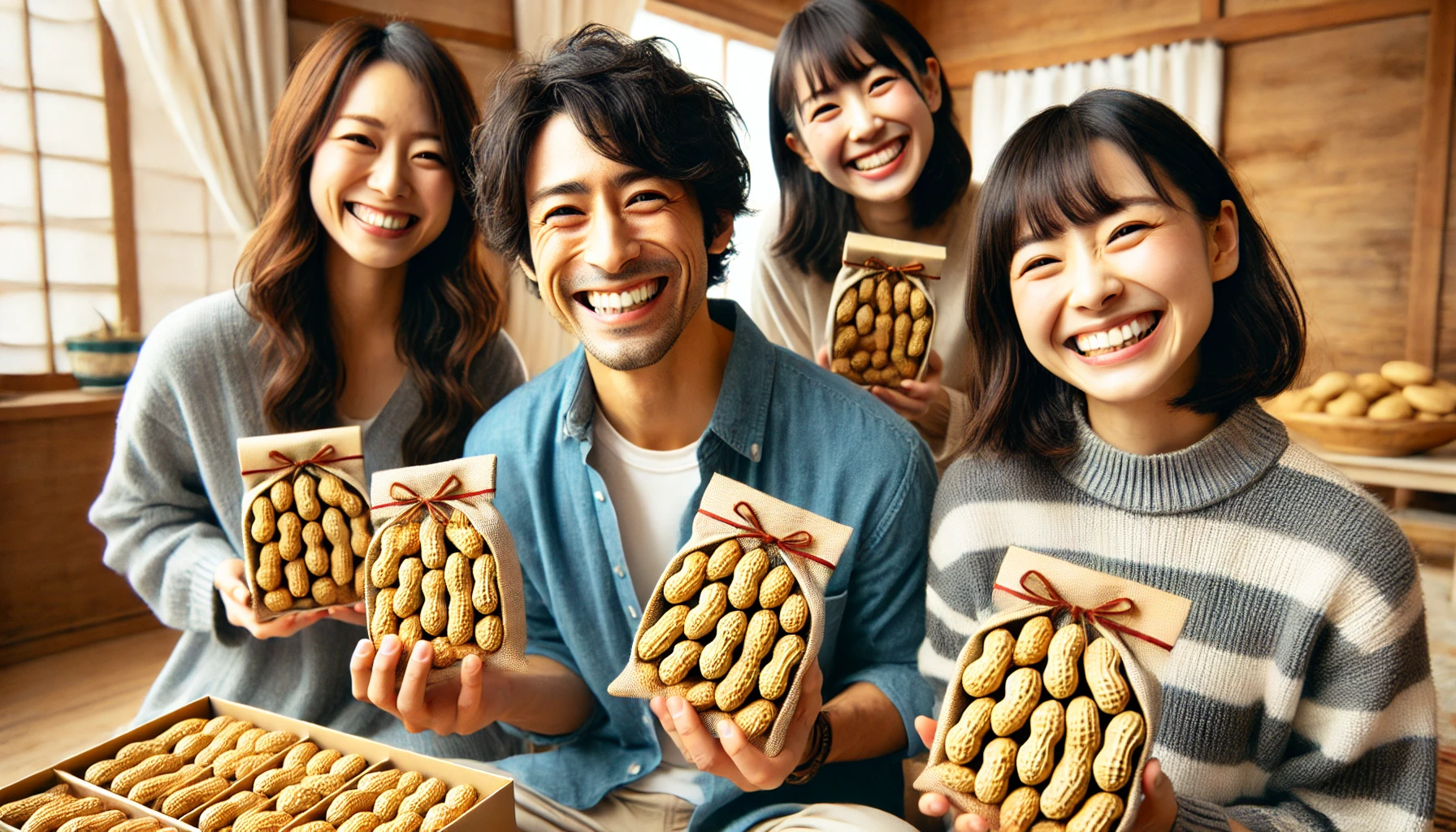 A group of Japanese people, smiling and holding packages of peanut-shaped monaka (traditional Japanese confection) in a happy, celebratory atmosphere. The scene takes place in a cozy indoor setting, possibly a home or a small gathering, where they are enjoying the treats together. The expressions on their faces show joy and satisfaction, highlighting their appreciation for the delicious monaka.