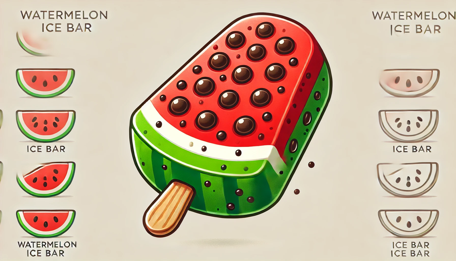 A detailed image of a watermelon-shaped ice bar, with chocolate pieces representing the seeds, sold as a summer seasonal treat. The ice bar is colorful with a green rind, red interior, and chocolate dots as seeds, captured in a clean, summery setting.