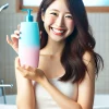 A happy Japanese woman holding a shampoo bottle with a half-transparent color, either light pink, light blue, or light yellow. She is smiling with joy in her bathroom, celebrating her purchase of the shampoo. The setting is a clean and modern bathroom, and the product is meant to leave hair smooth and silky with a soap fragrance.