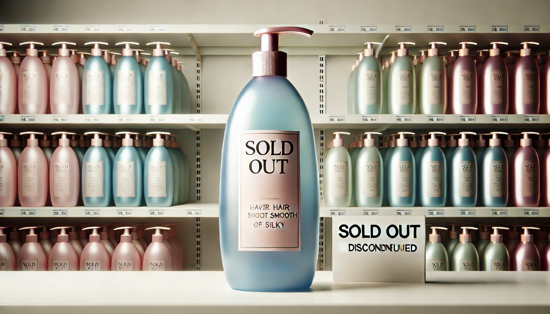 A shampoo bottle designed for women with a half-transparent light pink, light blue, or light yellow color, with a 'sold out' or 'discontinued' sign in front of it. The setting is a store shelf with a focus on the product's end of sales and the empty shelves around it. The product is meant to leave hair smooth and silky with a soap fragrance.