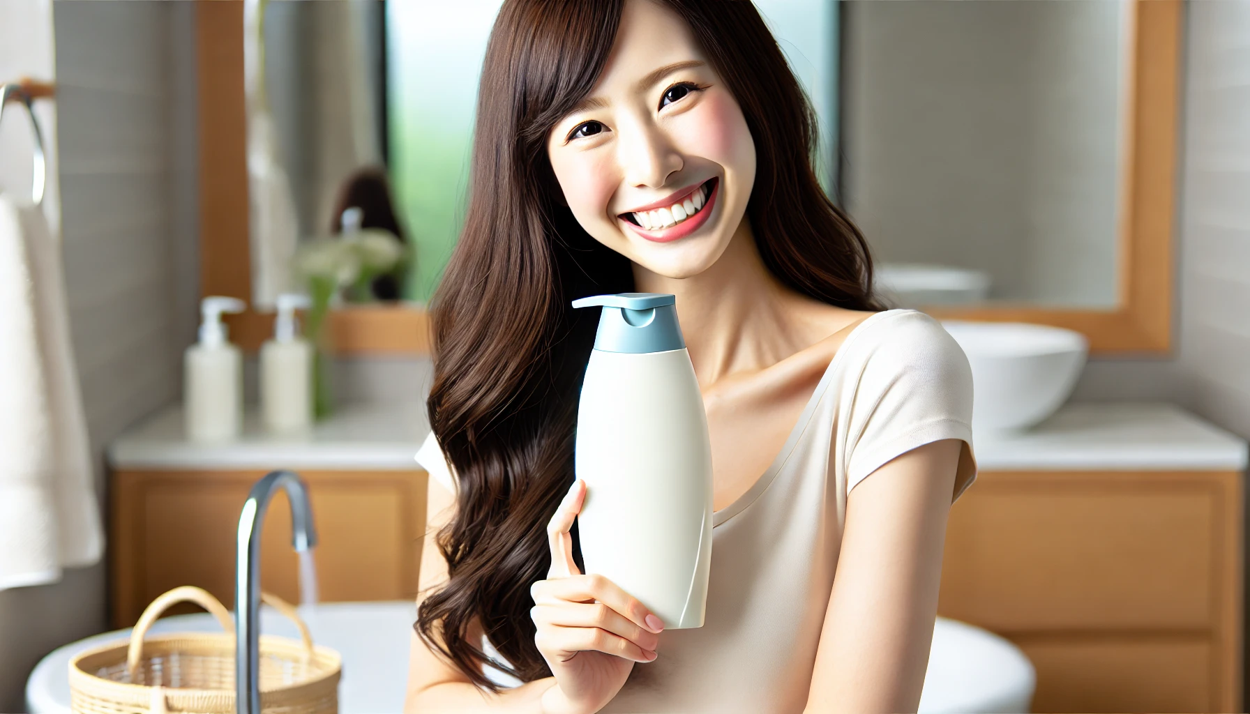 A happy Japanese woman holding a shampoo bottle, smiling with joy in her bathroom. The shampoo bottle represents a product designed for women with a focus on leaving hair smooth and silky. The setting is bright and clean, with a modern bathroom in the background.