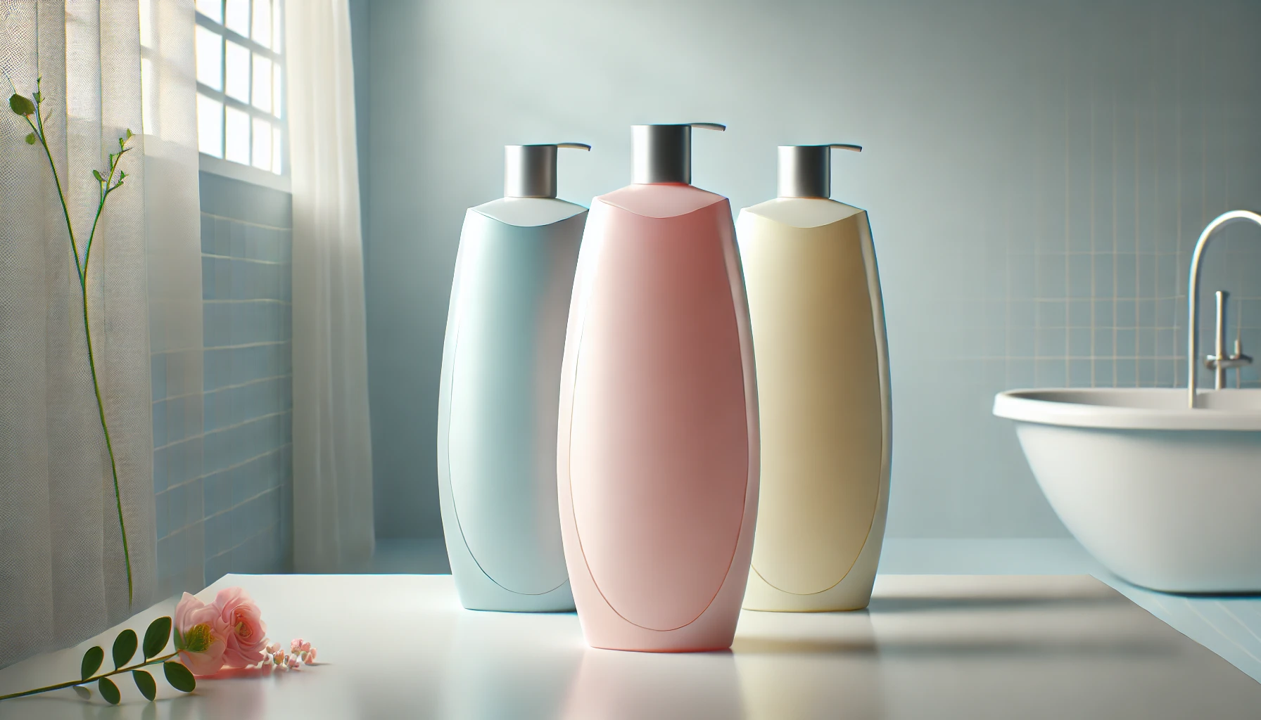 A shampoo bottle designed for women with a half-transparent color, either light pink, light blue, or light yellow. The shampoo is meant to leave hair smooth and silky, with a soap fragrance. The bottle is displayed in a clean bathroom setting, emphasizing the product's elegant and feminine design.