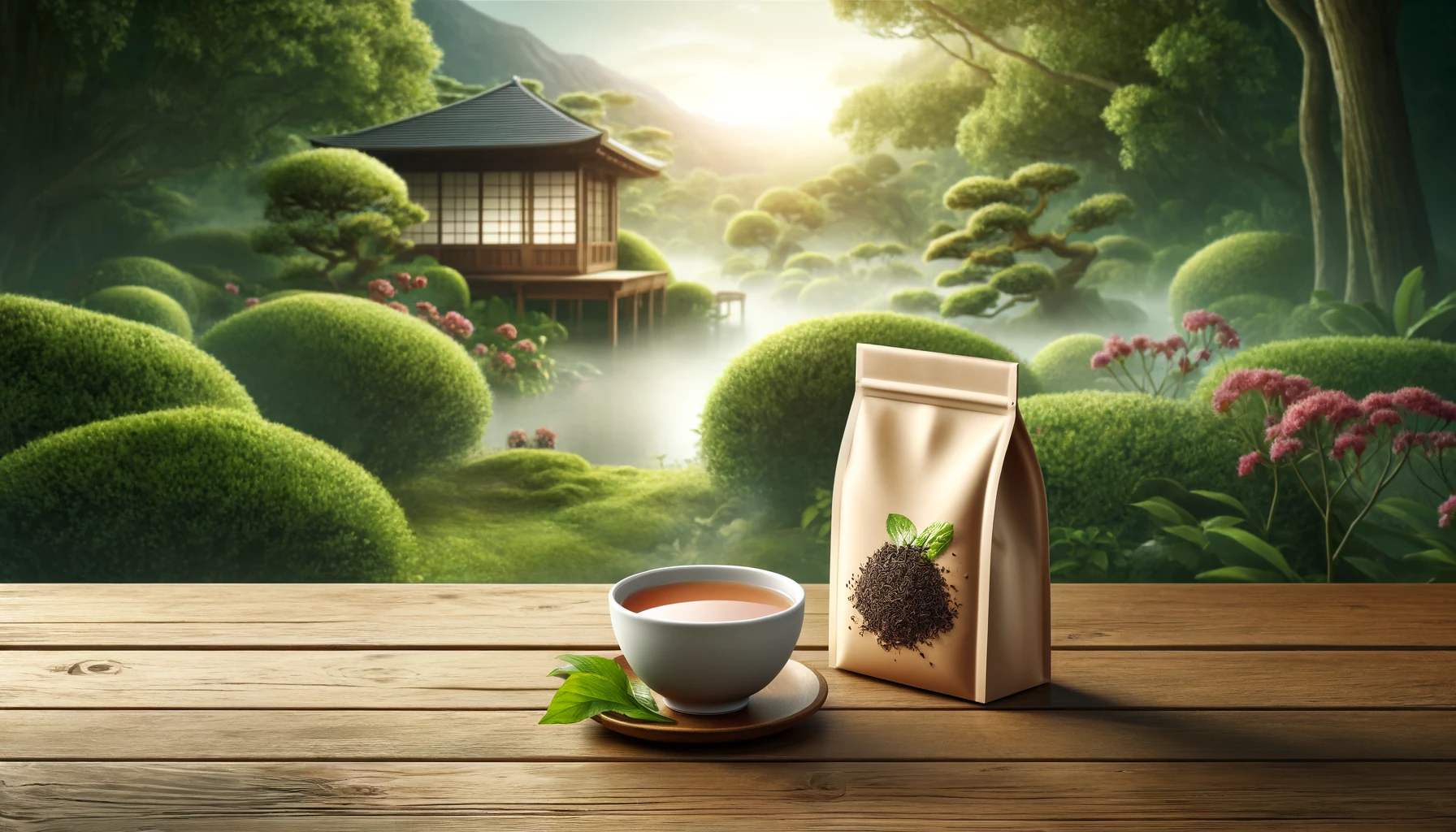 A high-quality tea leaf bag with a cup of sweet milk tea placed on a wooden table, with a serene background of a Japanese tea garden. The scene exudes calmness, highlighting the premium ingredients of the tea. A focus on the tea leaves and cup of milk tea in a beautifully natural setting.