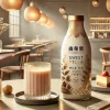 A high-quality tea bottle of sweet milk tea in a stylish café, placed next to a cup of hot tea and dessert, with soft lighting and modern décor. The bottle highlights its use of premium tea leaves.