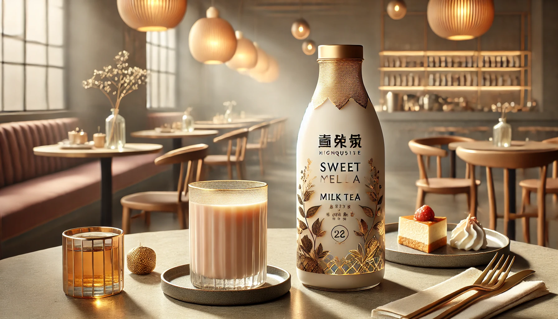 A high-quality tea bottle of sweet milk tea in a stylish café, placed next to a cup of hot tea and dessert, with soft lighting and modern décor. The bottle highlights its use of premium tea leaves.