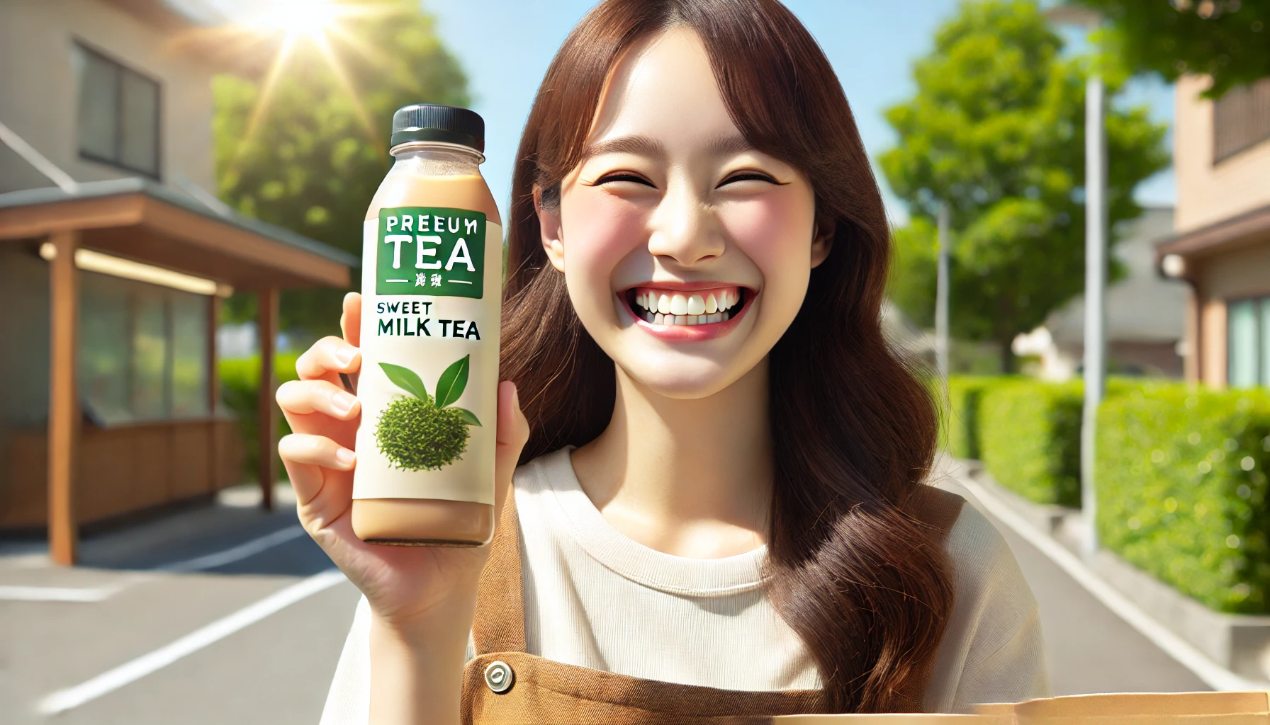 A happy person holding a bottle of sweet milk tea, standing outside with a smile. The bottle features premium tea leaves, and the person shows excitement after purchasing it. The background includes a sunny day and trees.