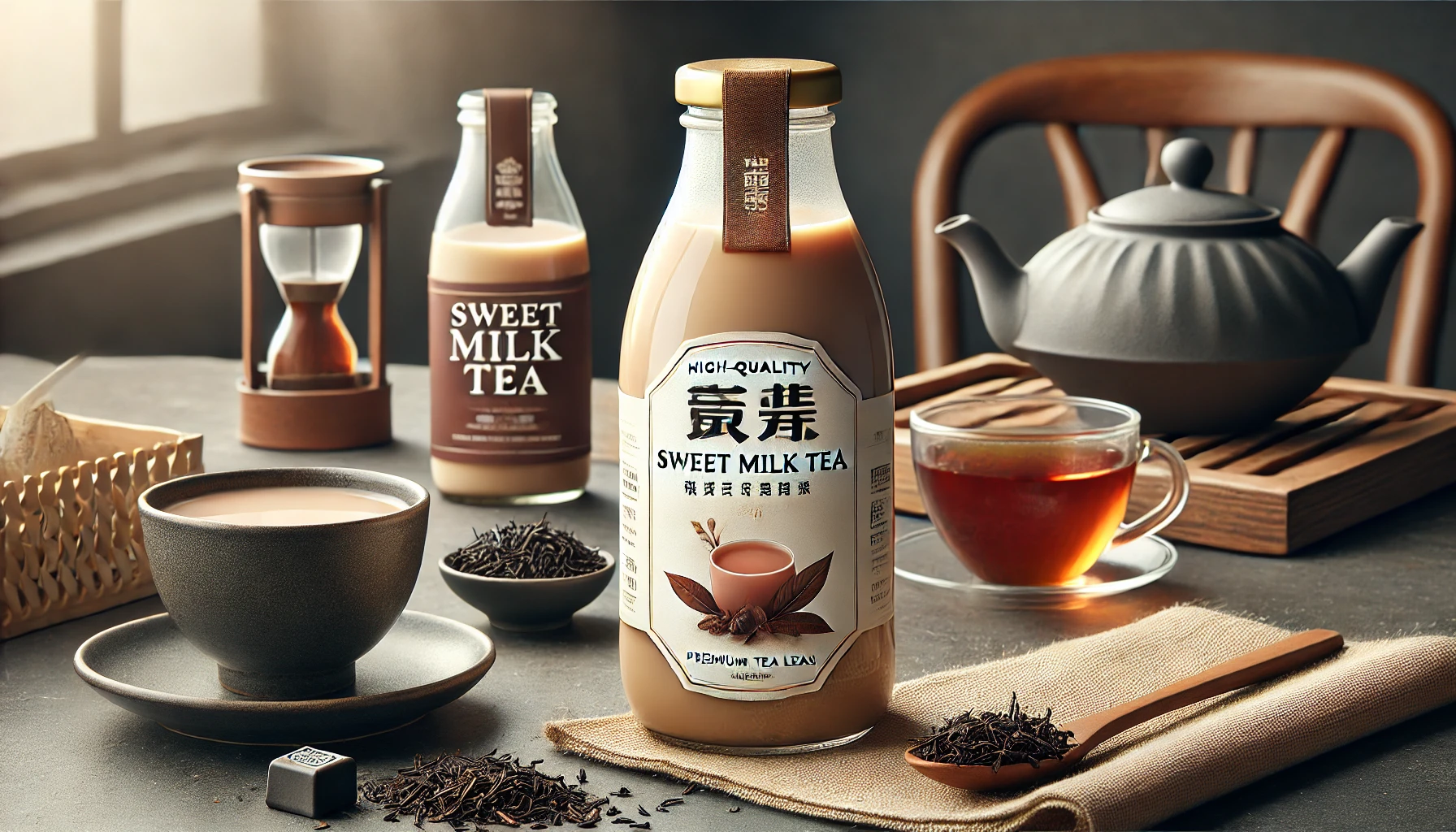 A high-quality tea bottle of sweet milk tea placed on a table, showcasing its rich and inviting packaging, with tea leaves and a teacup nearby, emphasizing the use of premium tea leaves in its ingredients.